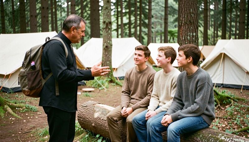 Un sacerdote in camicia nera con colletto clericale e zaino che parla con tre ragazzi in semplici maglioni di lana seduti su un tronco vicino alle tende nel bosco