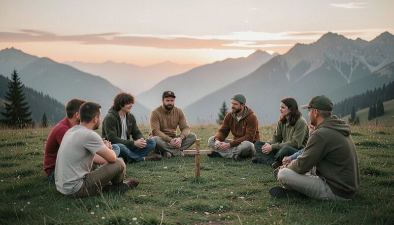 Ragazzi e capi seduti in cerchio su un prato di montagna al tramonto, con una piccola croce di legno piantata nell'erba al centro