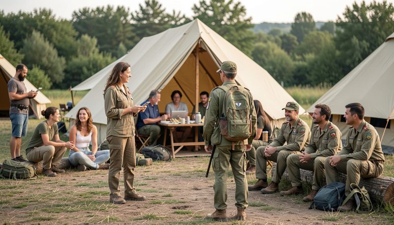 Fazzolettoni piegati e uniformi scout appesi in sede prima di una cerimonia di promessa solenne
