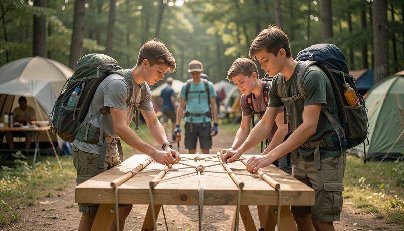 Adolescenti in tenuta da trekking che costruiscono un tavolo di legno con pali e corde al campo